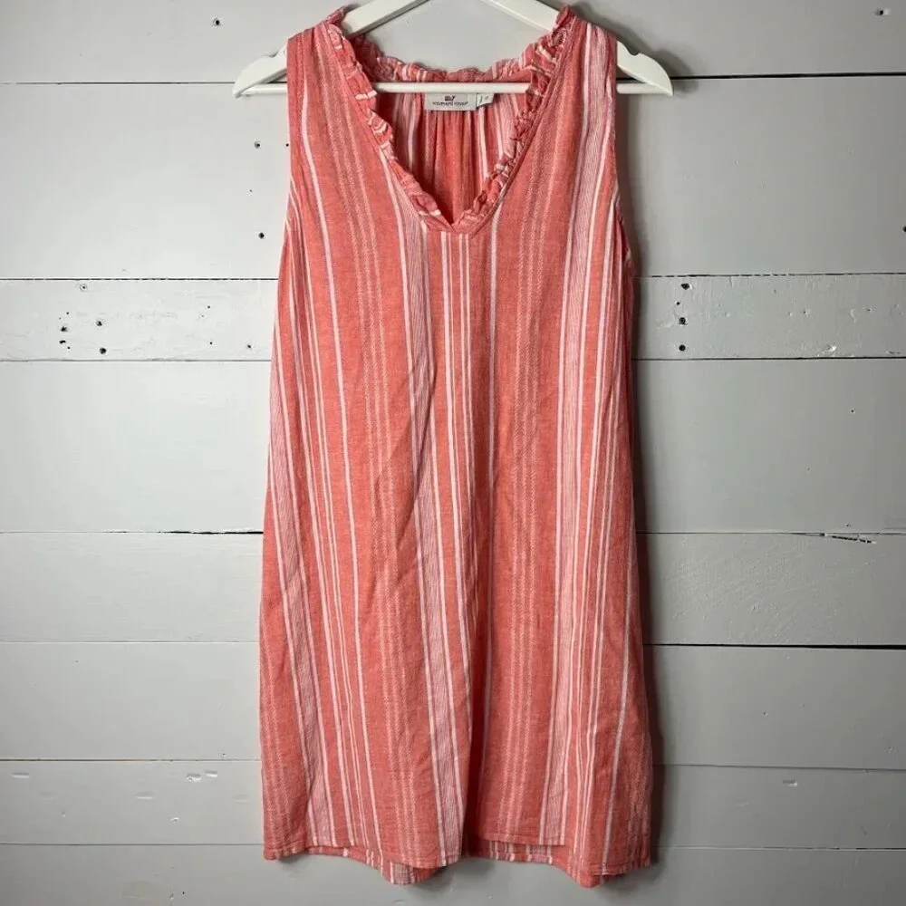 Vineyard Vines Coral & White Stripe Linen Blend Mini Dress Size XS - Picture 1 of 4